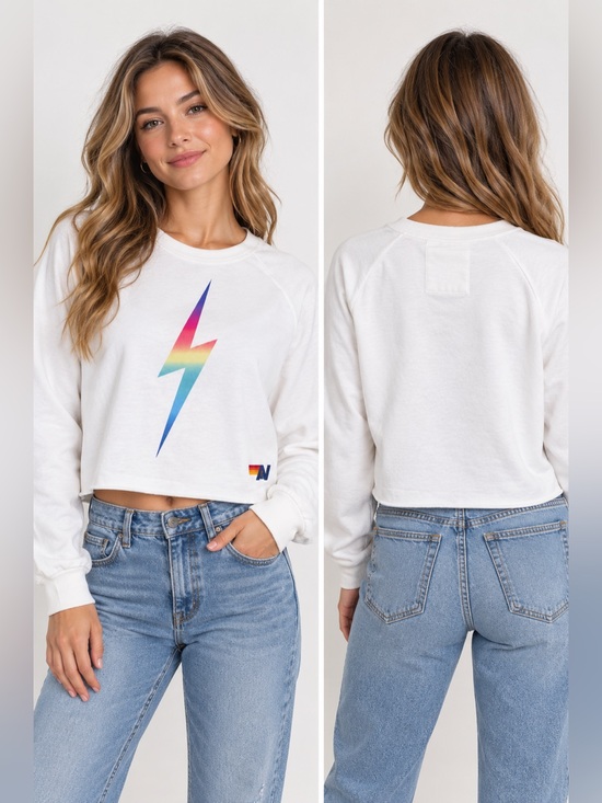 Aviator Nation Tops - Aviator Nation White Cropped Lightning Bolt Sweatshirt *RARE* - Medium